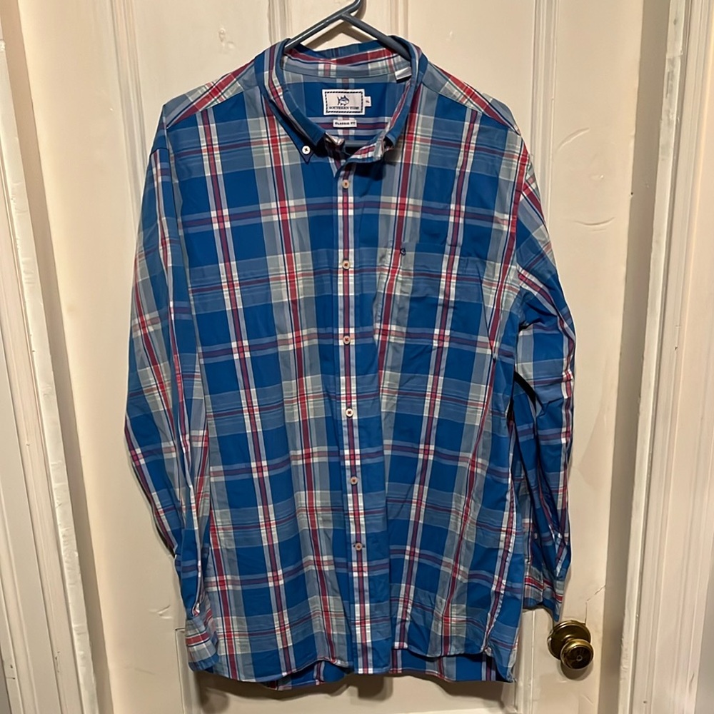 Southern Tide Blue and Red Checkered Men's Shirt